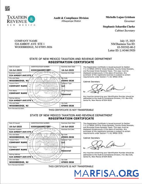 Blank USA New Mexico registration certificate Word and PDF template